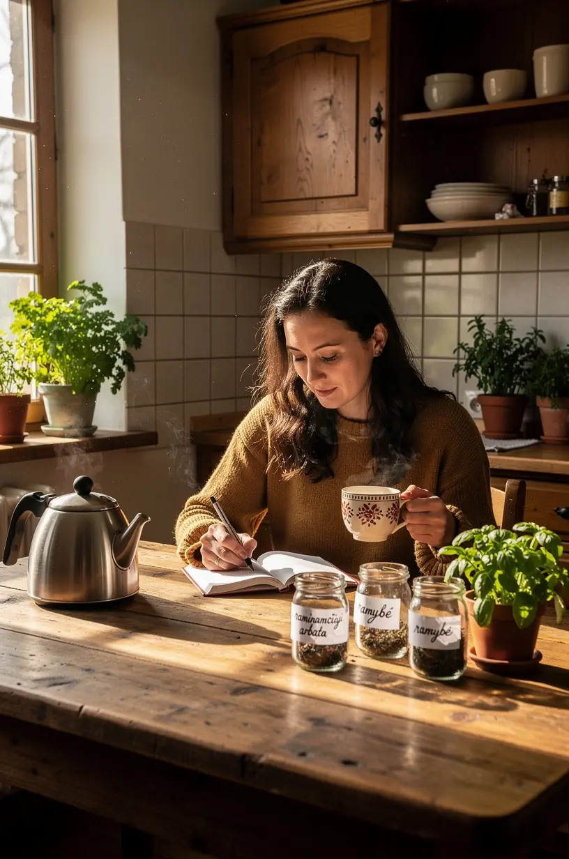Šilta arbatos puodelio nuotrauka prie dienos balanso užrašų knygelės, simbolizuojanti ramią rutiną.