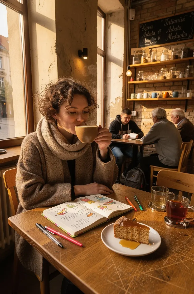 Rankos laiko atvirą dienos balanso žurnalą, kuriame užrašytos sąmoningos pertraukos ir praktinės įpročių gairės.