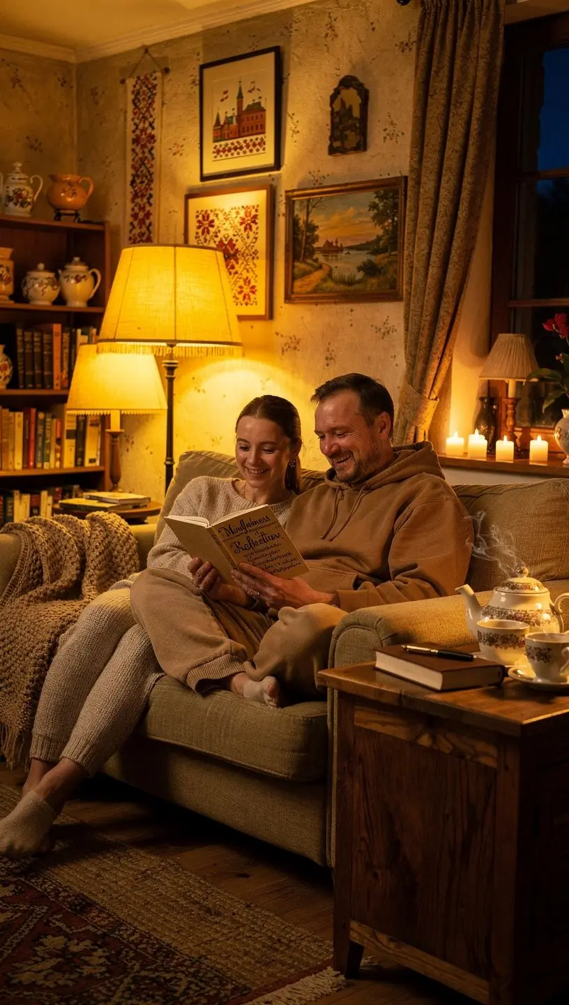 Aplinkos vaizdas su arbatos puodeliu ant stalo, kartu su rašikliu ir užrašų knygele, skatinančiu atsipalaidavimą ir sąmoningumą.