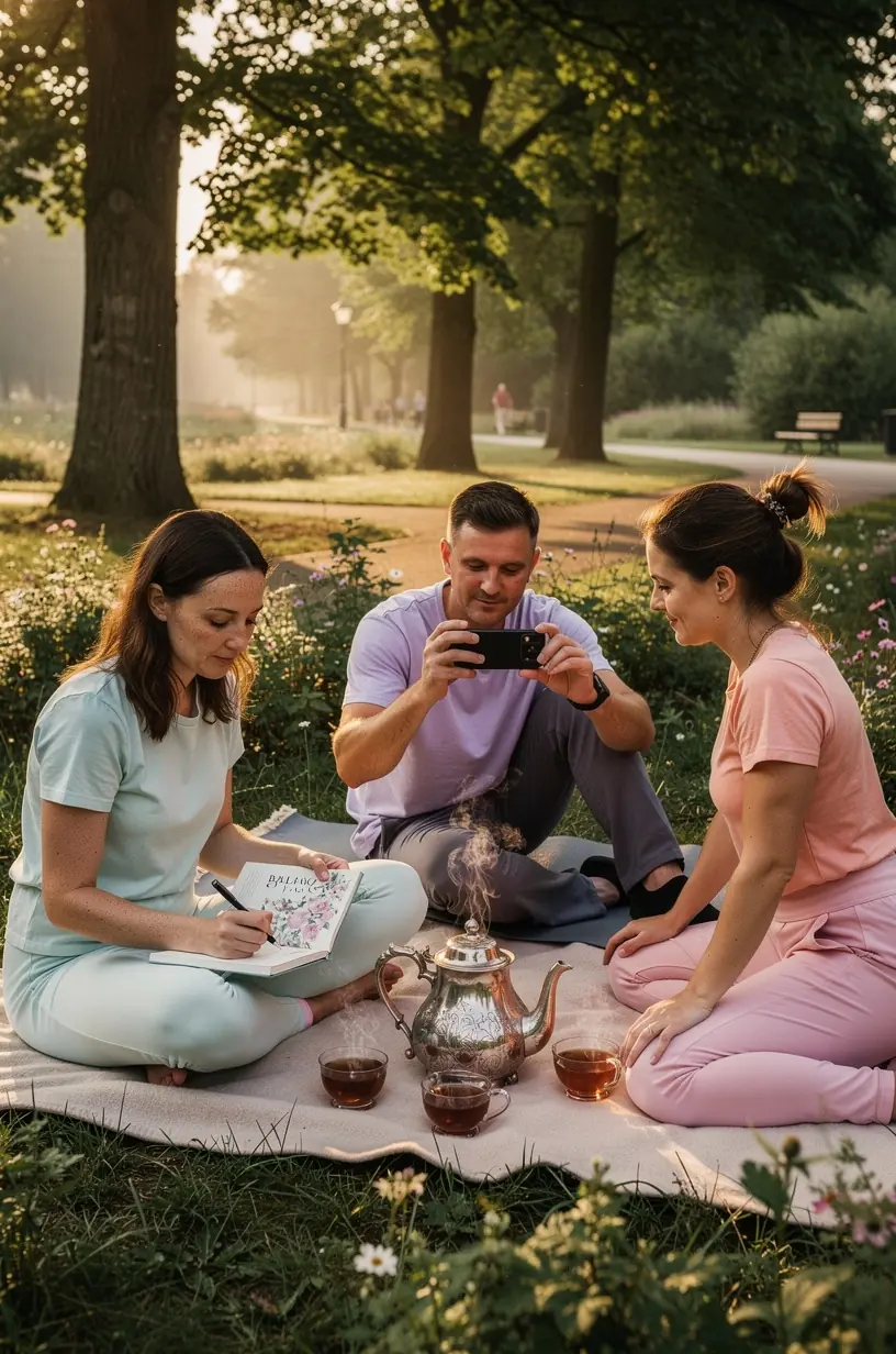 Detalus arbatos lapelių ir žurnalo puslapio, kuriame fiksuojamos kasdienės įžvalgos apie ramybę ir subalansuotą gyvenimą, vaizdas.